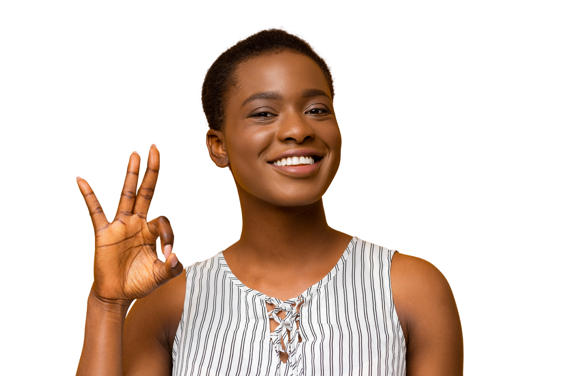 Happy black woman gesturing OK sign and smiling