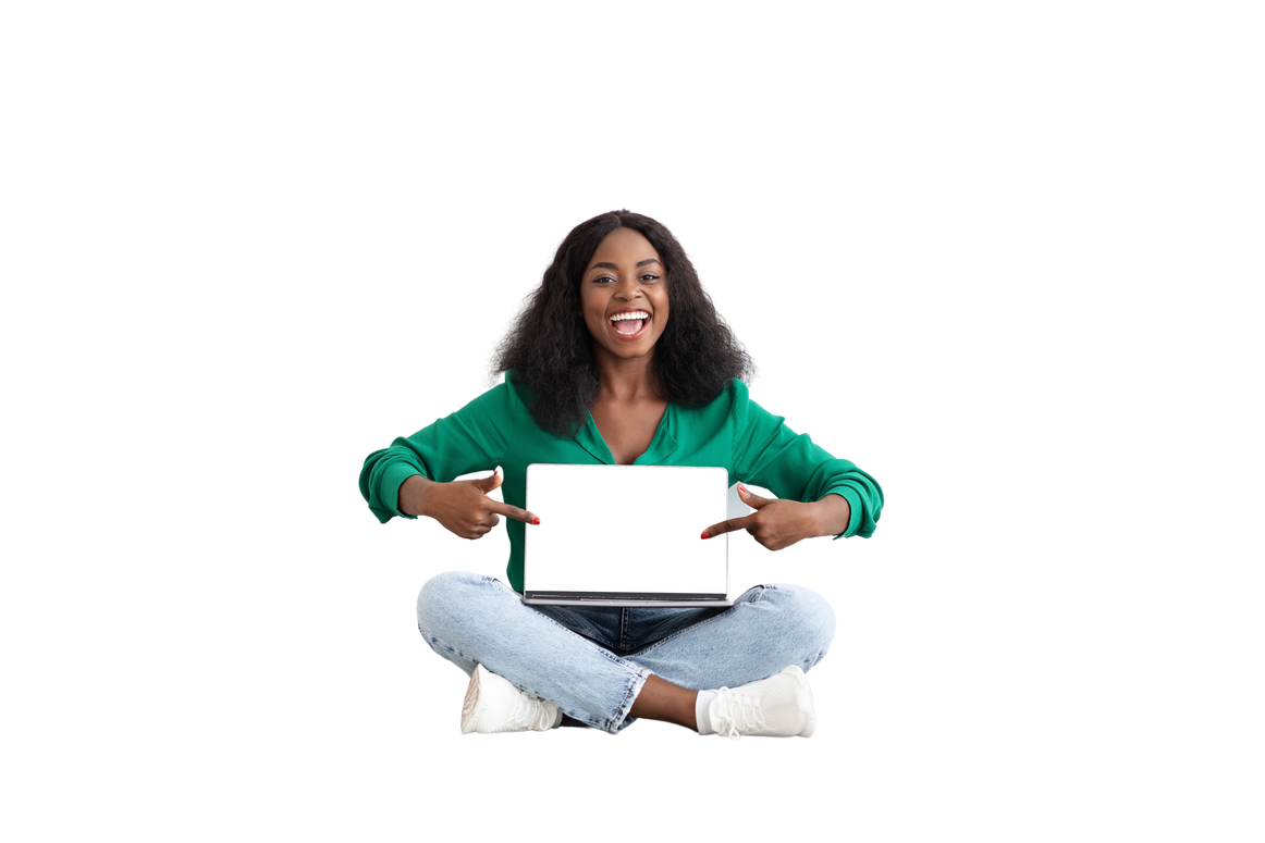 Happy Black Woman Showing Computer with Empty Screen, Mockup